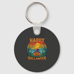 Happy Halloween Pumpkin Witch Hat Full Moon Bats Key Ring