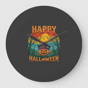 Happy Halloween Pumpkin Witch Hat Full Moon Bats Large Clock