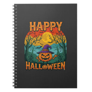 Happy Halloween Pumpkin Witch Hat Full Moon Bats Notebook
