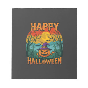 Happy Halloween Pumpkin Witch Hat Full Moon Bats Notepad