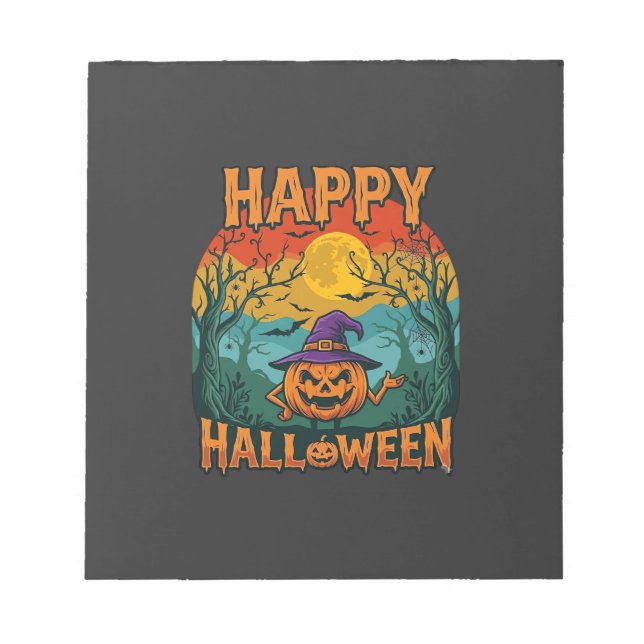 Happy Halloween Pumpkin Witch Hat Full Moon Bats Notepad (Front)