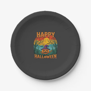 Happy Halloween Pumpkin Witch Hat Full Moon Bats Paper Plate