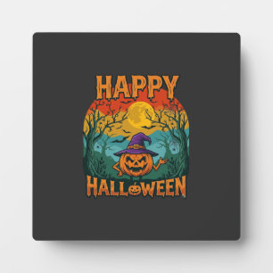 Happy Halloween Pumpkin Witch Hat Full Moon Bats Plaque