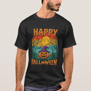Happy Halloween Pumpkin Witch Hat Full Moon Bats T-Shirt