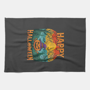 Happy Halloween Pumpkin Witch Hat Full Moon Bats Tea Towel