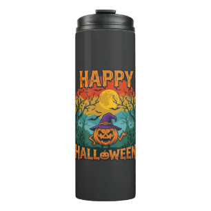 Happy Halloween Pumpkin Witch Hat Full Moon Bats Thermal Tumbler