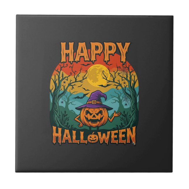 Happy Halloween Pumpkin Witch Hat Full Moon Bats Tile (Front)