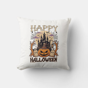 Happy Halloween Pumpkin Witch Hat Haunted Castle M Cushion