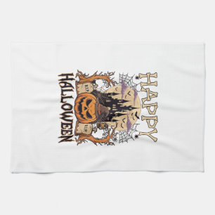 Happy Halloween Pumpkin Witch Hat Haunted Castle M Tea Towel