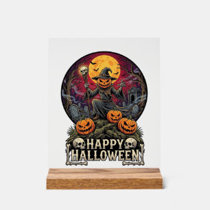 Happy Halloween Pumpkin Wizard Graveyard Full Moon Acrylic Sign