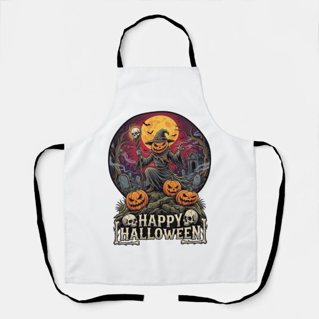 Happy Halloween Pumpkin Wizard Graveyard Full Moon Apron (Front)