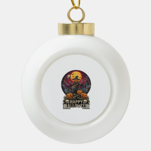 Happy Halloween Pumpkin Wizard Graveyard Full Moon Ceramic Ball Christmas Ornament