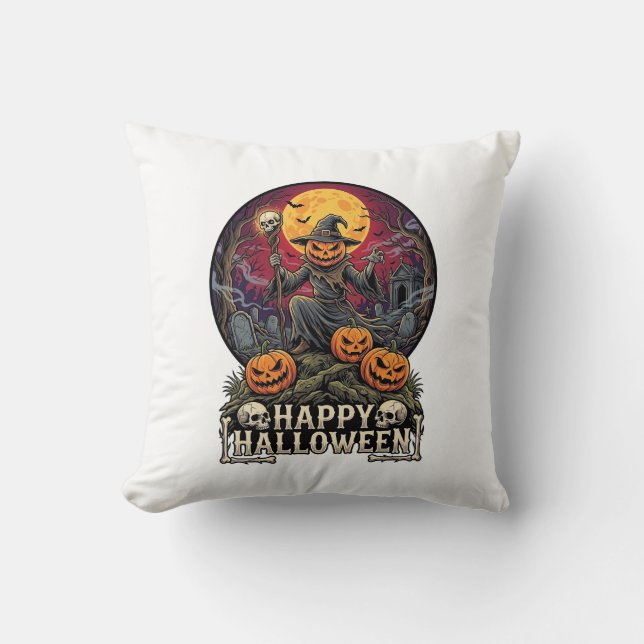 Happy Halloween Pumpkin Wizard Graveyard Full Moon Cushion (Front)