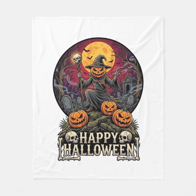 Happy Halloween Pumpkin Wizard Graveyard Full Moon Fleece Blanket (Front)