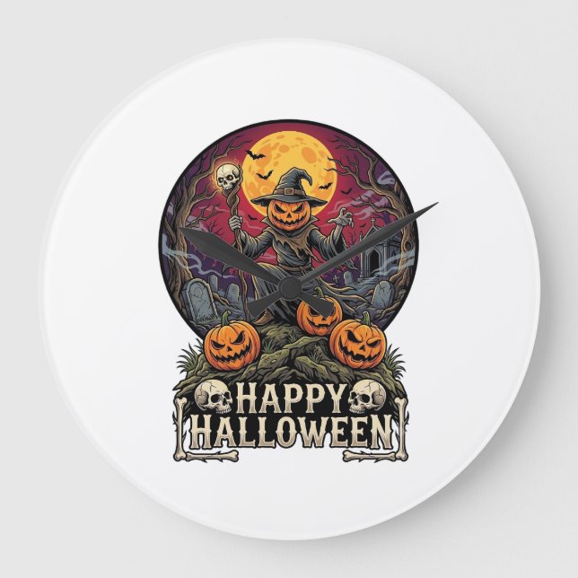 Happy Halloween Pumpkin Wizard Graveyard Full Moon Large Clock (Front)