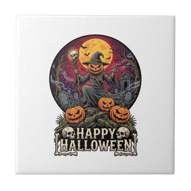 Happy Halloween Pumpkin Wizard Graveyard Full Moon Tile (Front)