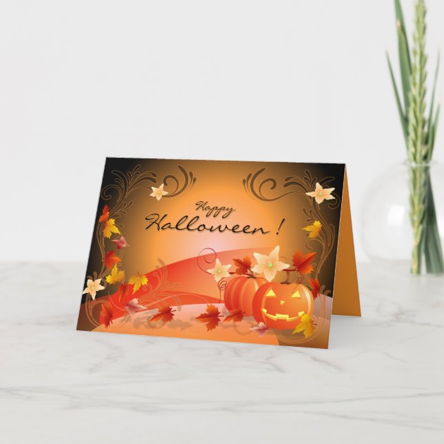 Happy Halloween! Pumpkins, Autumn Leaves & Swirls Card (Front)