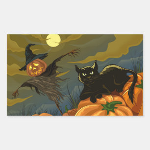 Happy Halloween Pumpkins Black Cat Rectangular Sticker