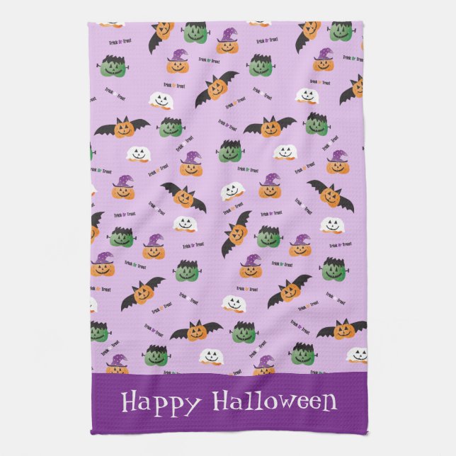 Happy Halloween Pumpkins Dressed Up Pattern Tea Towel (Vertical)