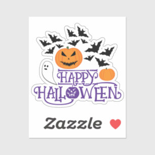 Happy Halloween pumpkins ghost bats purple text