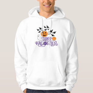 Happy Halloween pumpkins ghost bats purple text Hoodie