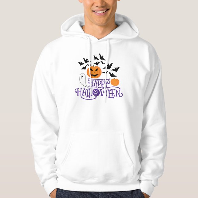 Happy Halloween pumpkins ghost bats purple text Hoodie (Front)