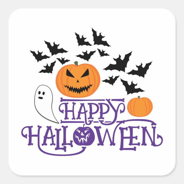 Happy Halloween pumpkins ghost bats purple text Square Sticker (Front)