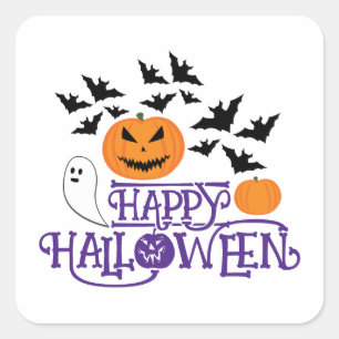 Happy Halloween pumpkins ghost bats purple text Square Sticker