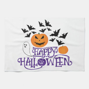 Happy Halloween pumpkins ghost bats purple text Tea Towel