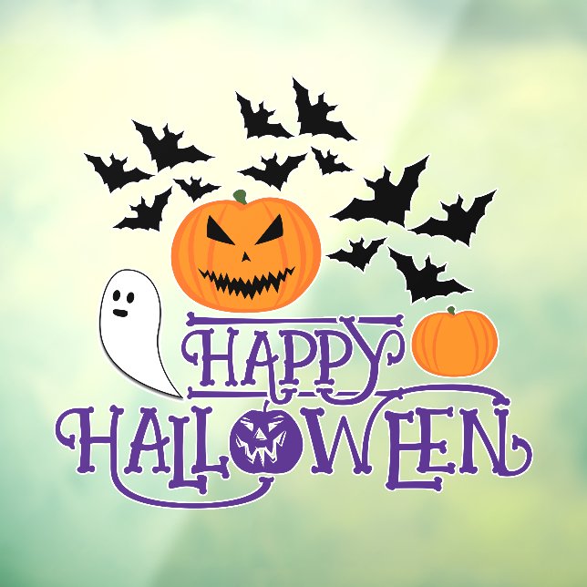 Happy Halloween pumpkins ghost bats purple text Window Cling (Sheet 3)