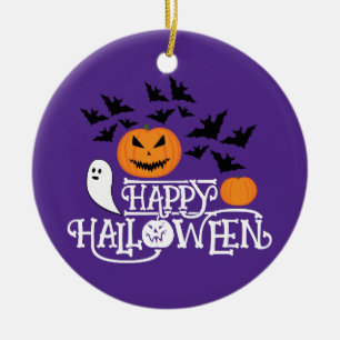 Happy Halloween pumpkins ghost bats text purple Ceramic Tree Decoration