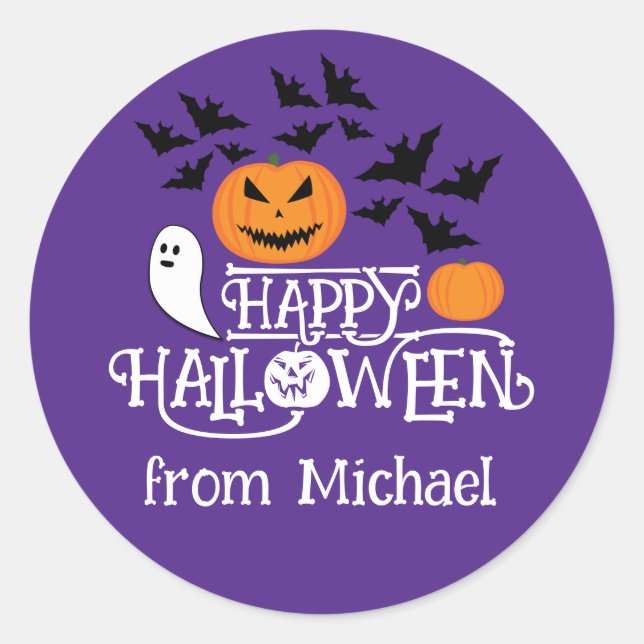 Happy Halloween pumpkins ghost bats text purple Classic Round Sticker (Front)