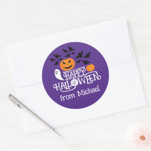 Happy Halloween pumpkins ghost bats text purple Classic Round Sticker