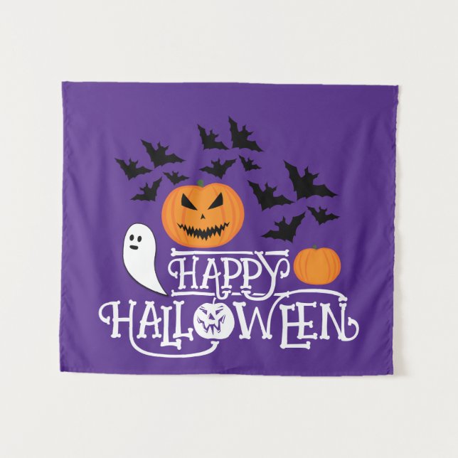 Happy Halloween pumpkins ghost bats text purple  Tapestry (Front (Horizontal))