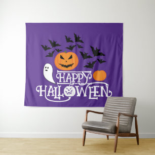 Happy Halloween pumpkins ghost bats text purple Tapestry