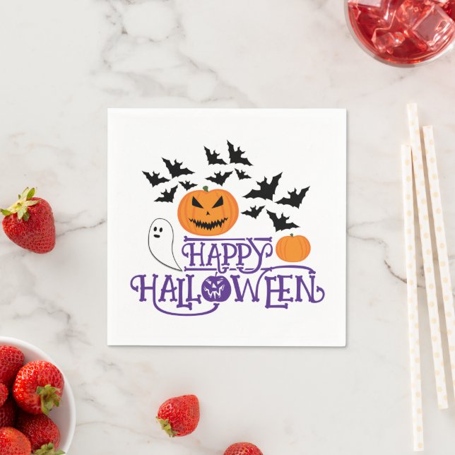 Happy Halloween pumpkins ghosts bats purple text Napkin (Insitu)
