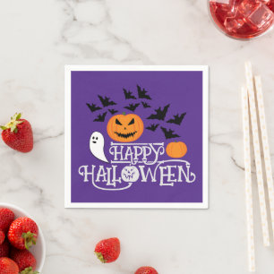 Happy Halloween pumpkins ghosts bats purple text Napkin