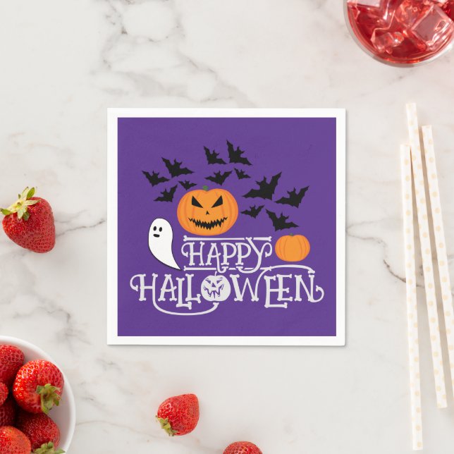 Happy Halloween pumpkins ghosts bats purple text Napkin (Insitu)