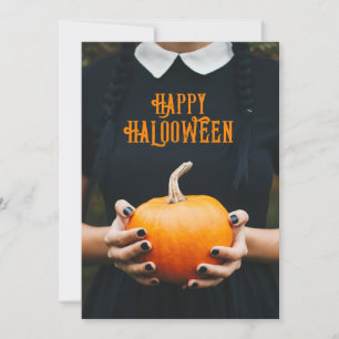 Happy Halloween pumpkin's girl black dress Holiday Card