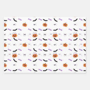 Happy Halloween Pumpkins Monster Ghost Bat Pattern Wrapping Paper Sheet