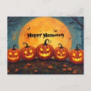 Happy Halloween Pumpkins on Full Moon  Holiday Postcard