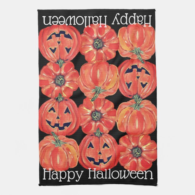 Happy Halloween Pumpkins Orange Black Watercolor Tea Towel (Vertical)
