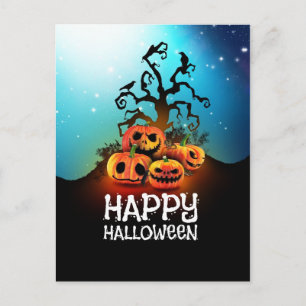 Happy halloween! Pumpkins under a creepy tree! Postcard