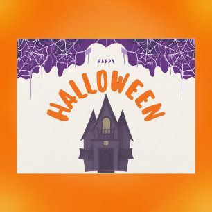 Happy Halloween Purple Haunted House Spider Web Holiday Postcard