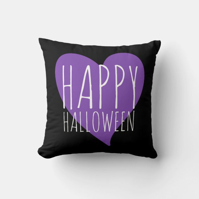 Happy Halloween Purple Heart Black & Grey Stripes Cushion (Front)