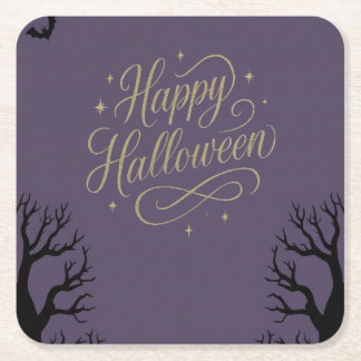 Happy Halloween purple theme Square Paper Coaster