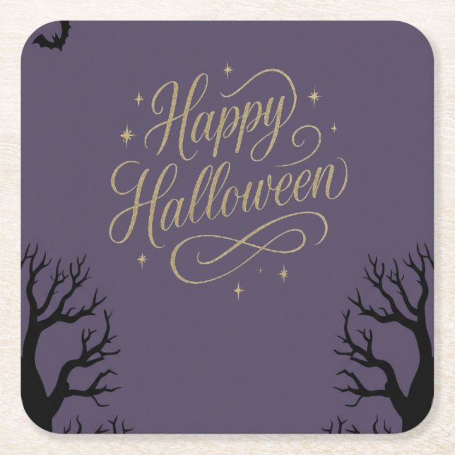 Happy Halloween purple theme Square Paper Coaster (Front)