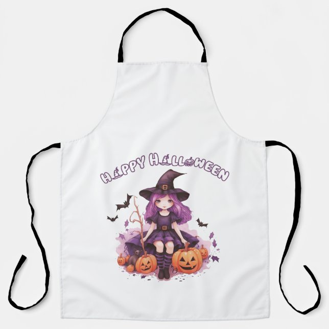 Happy Halloween Purple Witch Pumpkins & Bats Apron (Front)