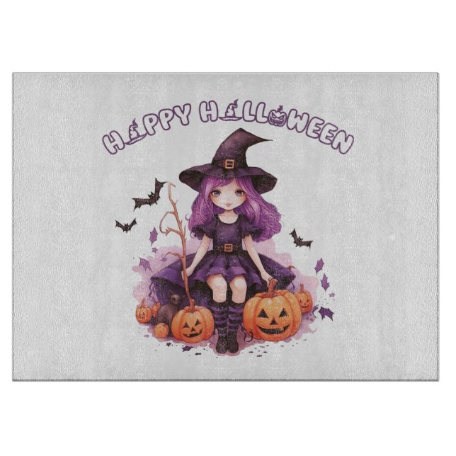Happy Halloween Purple Witch Pumpkins & Bats Cutting Board (Front)