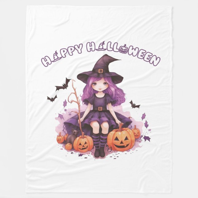 Happy Halloween Purple Witch Pumpkins & Bats Fleece Blanket (Front)